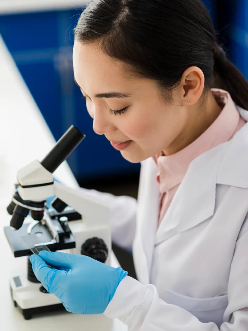 Skincare researcher examining samples under a microscope